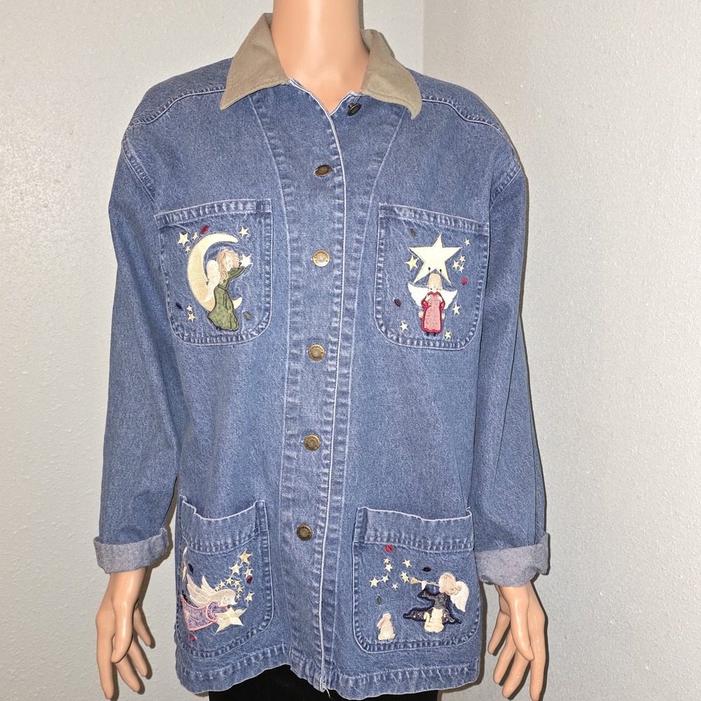Y2K Christopher & Banks Christmas Embroidered Angel‎  Star Denim Chore Coat L